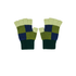 Pair of green and blue checkered fingerless gloves on a white background