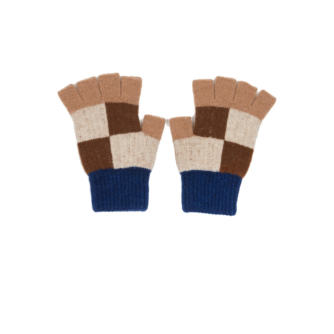 Pair of checkered fingerless gloves with brown, beige, and blue colors on a white background.