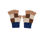 Pair of checkered fingerless gloves with brown, beige, and blue colors on a white background.