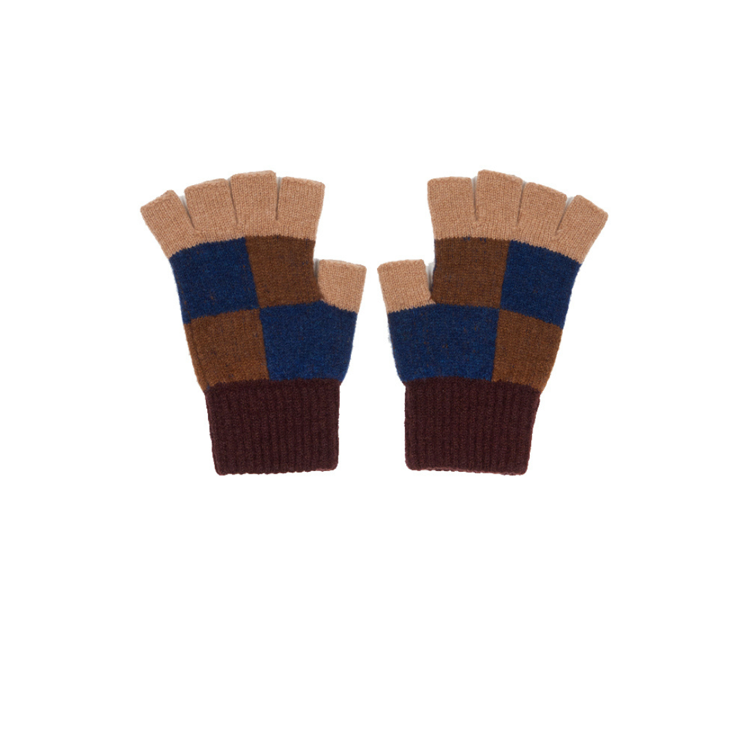 Pair of checkered fingerless gloves with brown, blue, and beige pattern on a white background