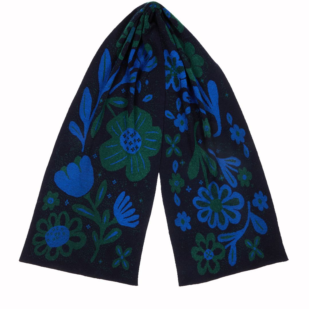 Dark blue scarf with blue and green floral patterns on a white background