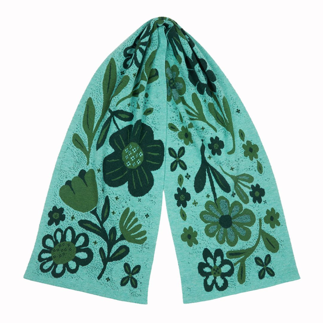 Teal scarf with green floral pattern on a white background