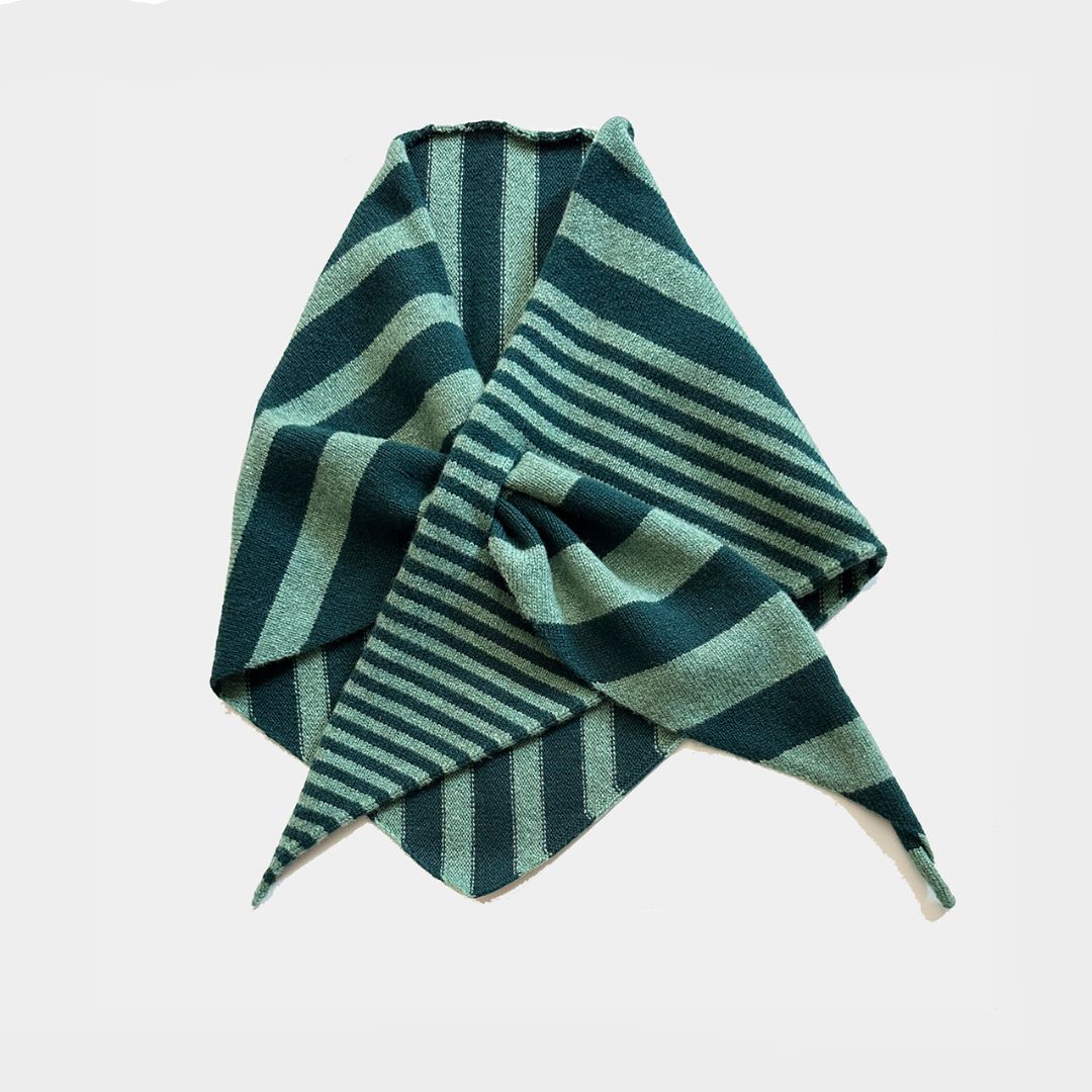 A folded striped knit scarf or bandana in dark teal and mint green, displayed on a clean light gray background.