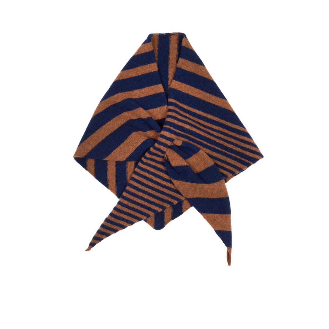 Navy and brown striped knitted neckerchief on a white background