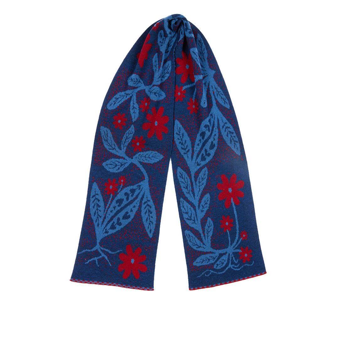 Blue scarf with red floral patterns on a white background