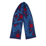 Blue scarf with red floral patterns on a white background