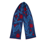 Blue scarf with red floral patterns on a white background