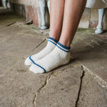 A close-up of a person's legs wearing cream-colored ribbed ankle socks with blue stripes, standing on a stone floor.