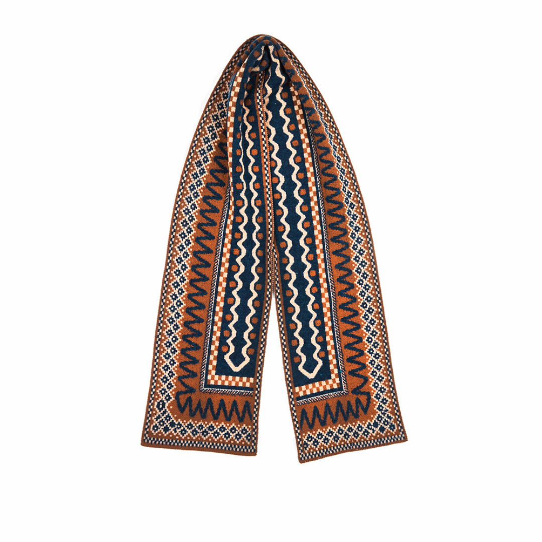 Patterned scarf with blue and brown design on a white background