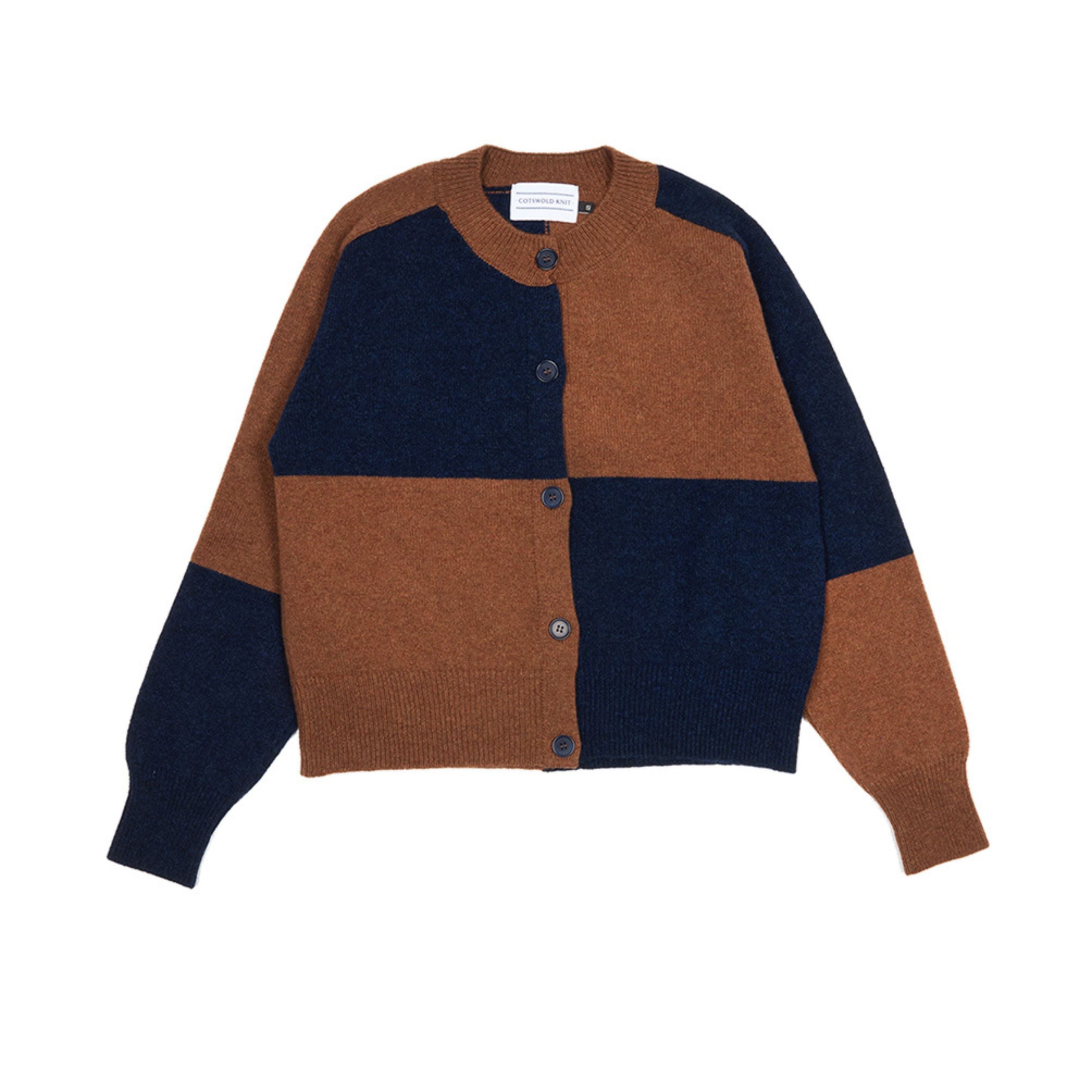 Color-blocked cardigan with brown and navy design on a white background