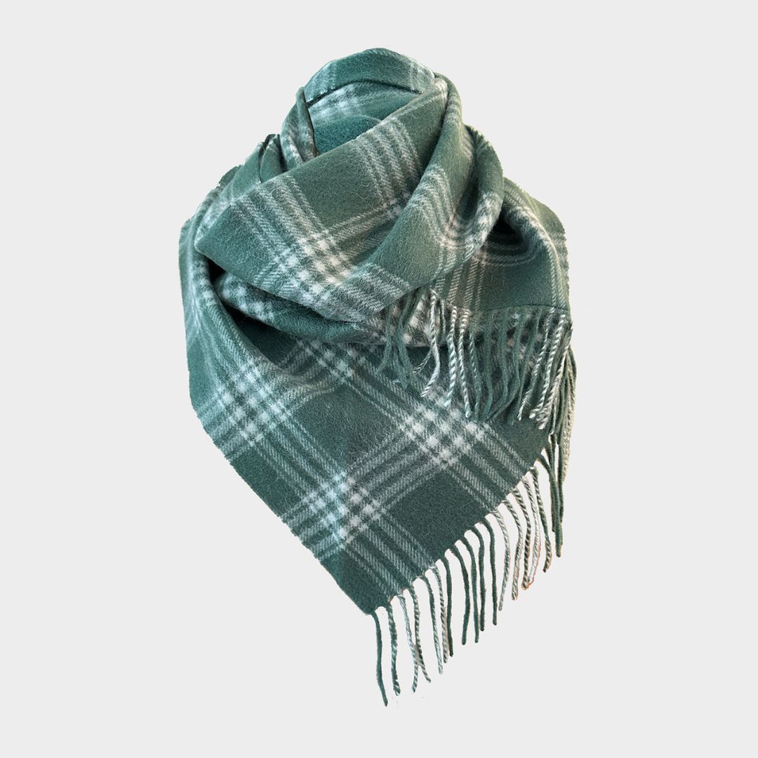 A green and white plaid scarf with fringed edges, styled in a draped loop against a light gray background.