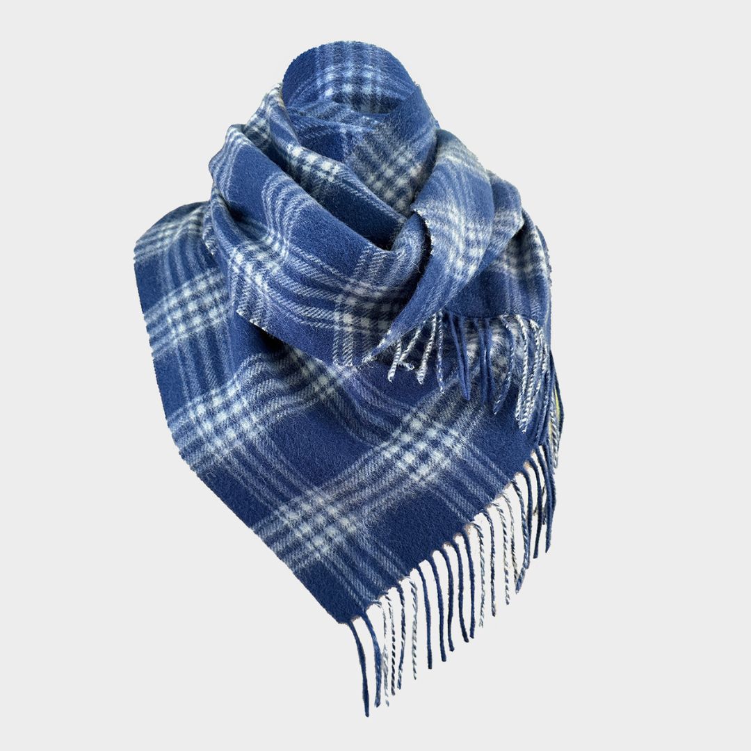 A blue and white plaid scarf with fringed edges, styled in a loop against a light gray background.