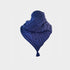 a blue cable knit scarf on a white background.