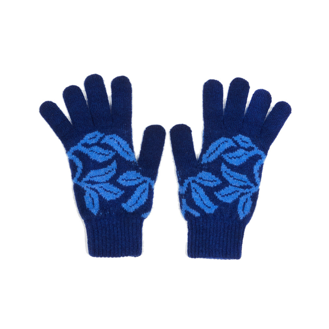 Pair of blue gloves with leaf pattern on a white background