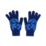 Pair of blue gloves with leaf pattern on a white background