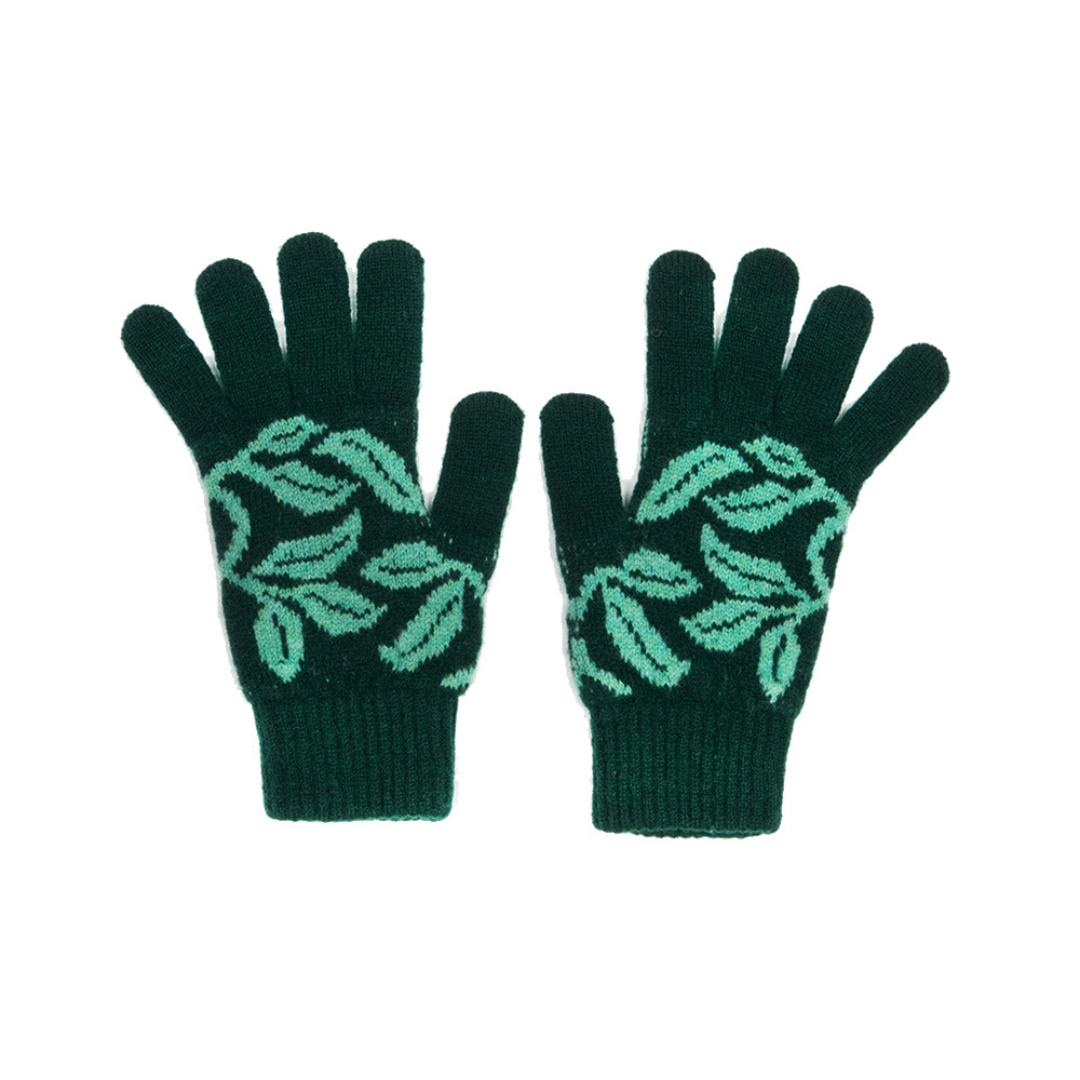 Pair of dark green gloves with light green leaf patterns on a white background