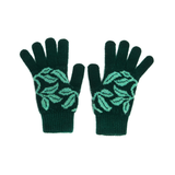 Pair of dark green gloves with light green leaf patterns on a white background