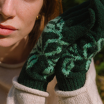 Close-up of green patterned gloves worn by a person outdoors