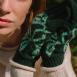 Close-up of green patterned gloves worn by a person outdoors