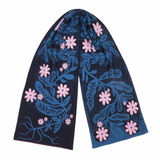 Floral patterned scarf with pink flowers and blue leaves on a white background