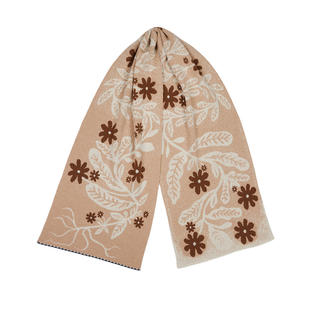 Beige scarf with brown floral patterns on a white background