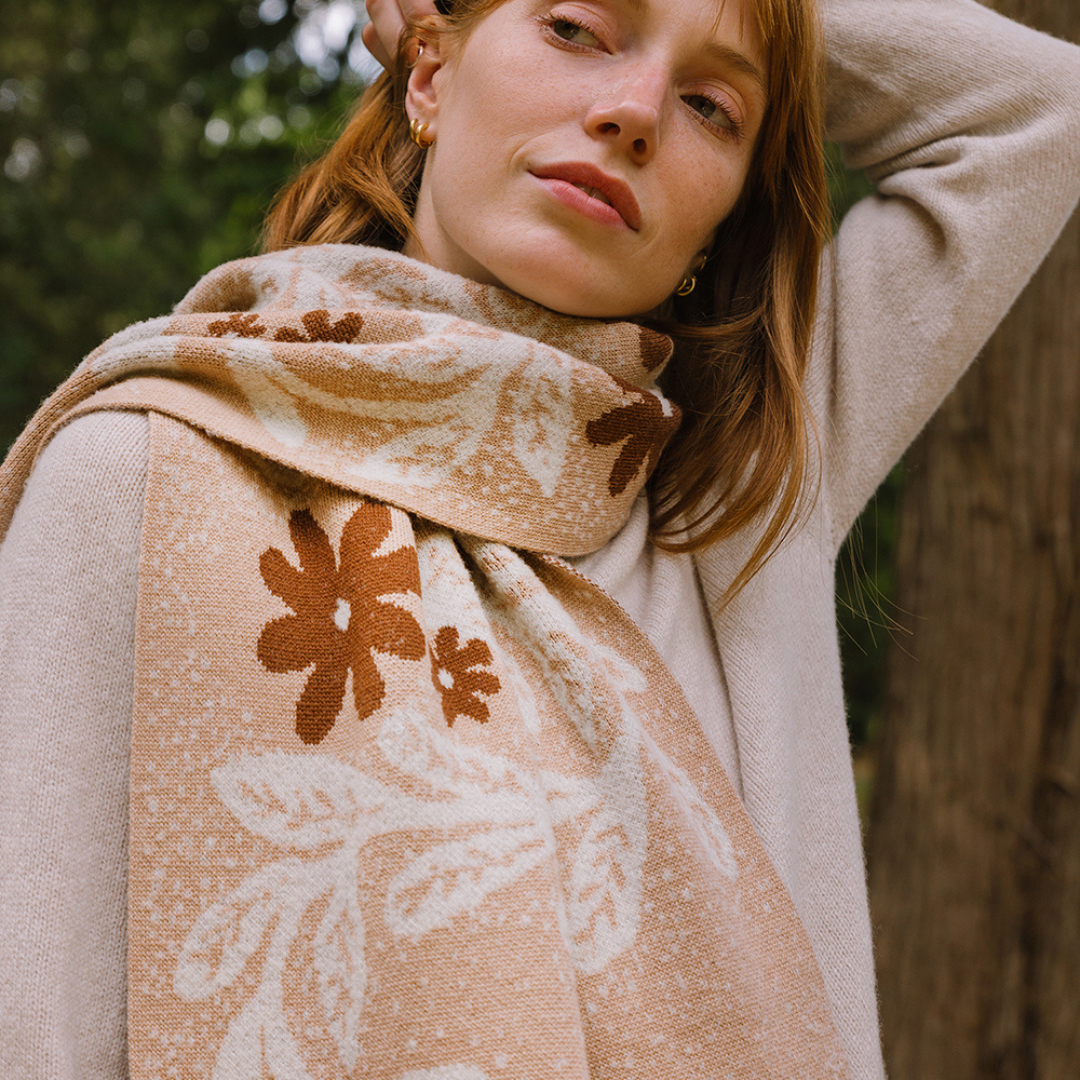 Woman wearing a patterned scarf outdoors