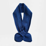 A dark blue cable-knit infinity scarf with a knotted bow at the bottom, displayed on a clean white background.