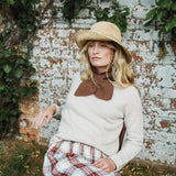 A woman wearing a cream knit sweater with a brown knit bow collar, a straw hat, and a red, green, and white plaid skirt, posing in front of a weathered white brick wall with green vines.