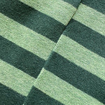 A close-up of socks with horizontal stripes in dark forest green and light sage green.