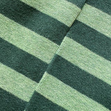 A close-up of socks with horizontal stripes in dark forest green and light sage green.