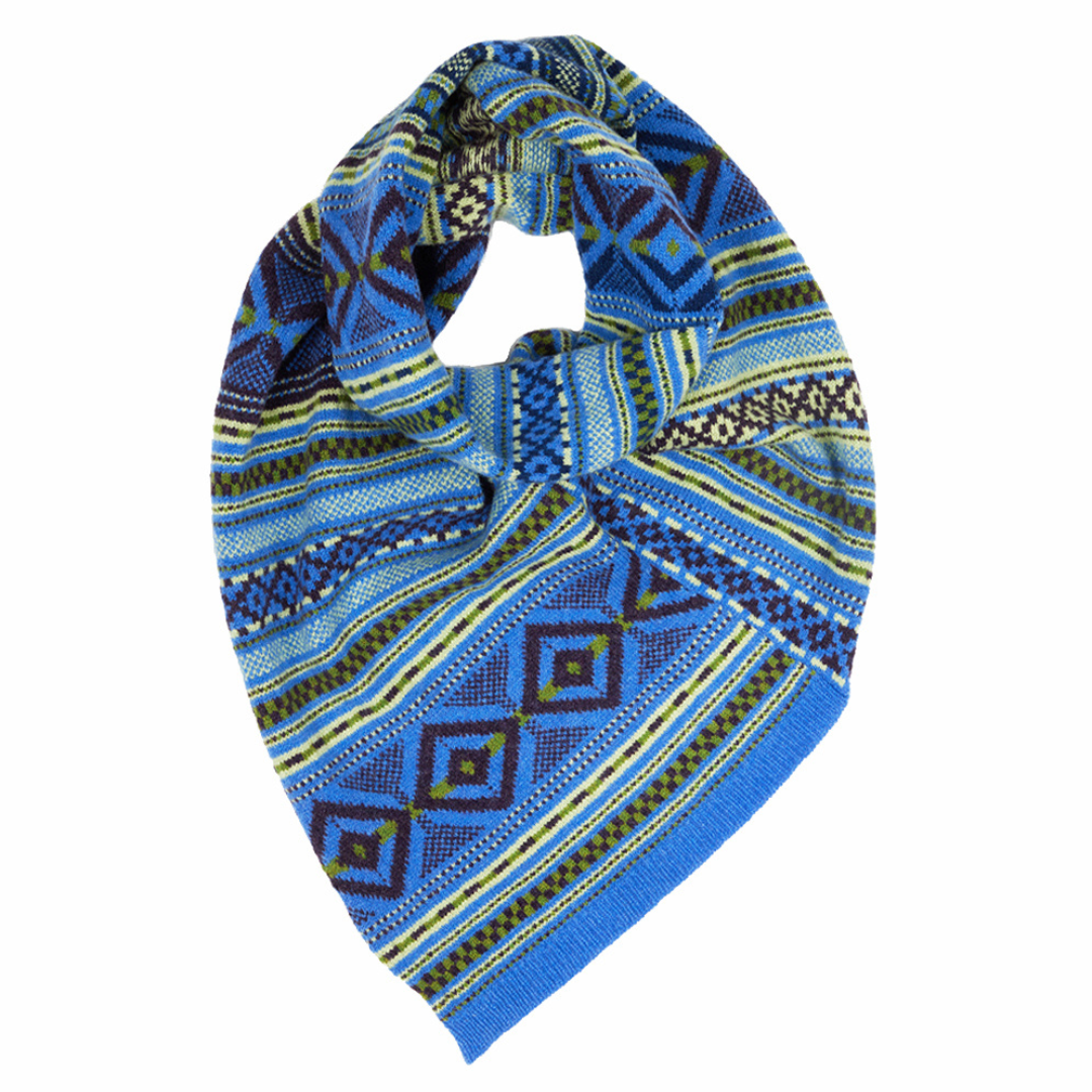 Blue patterned knitted scarf on a white background