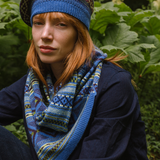 Person wearing a blue knitted hat and scarf in a natural setting