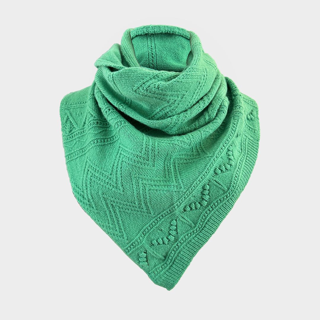 A green knitted bandana scarf with a textured chevron and dotted pattern, folded and displayed on a light gray background.