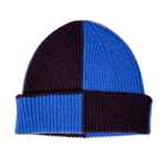 Two-tone blue and black beanie hat on a white background
