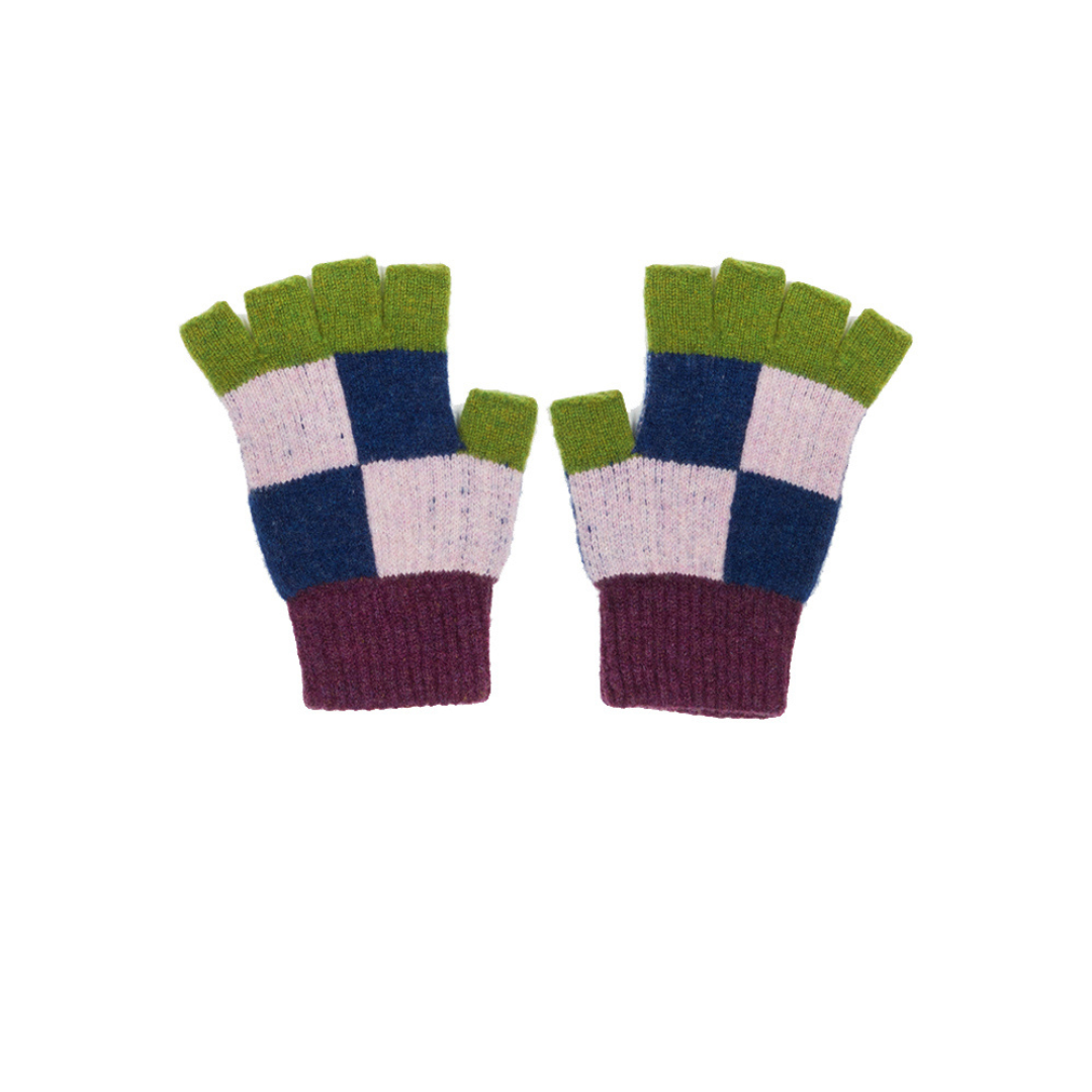 Pair of colorful fingerless gloves with a checkered pattern on a white background