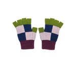 Pair of colorful fingerless gloves with a checkered pattern on a white background