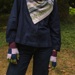 Person wearing a navy jacket, patterned scarf, and checkered gloves standing outdoors.