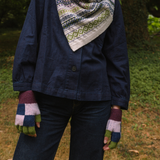 Person wearing a navy jacket, patterned scarf, and checkered gloves standing outdoors.